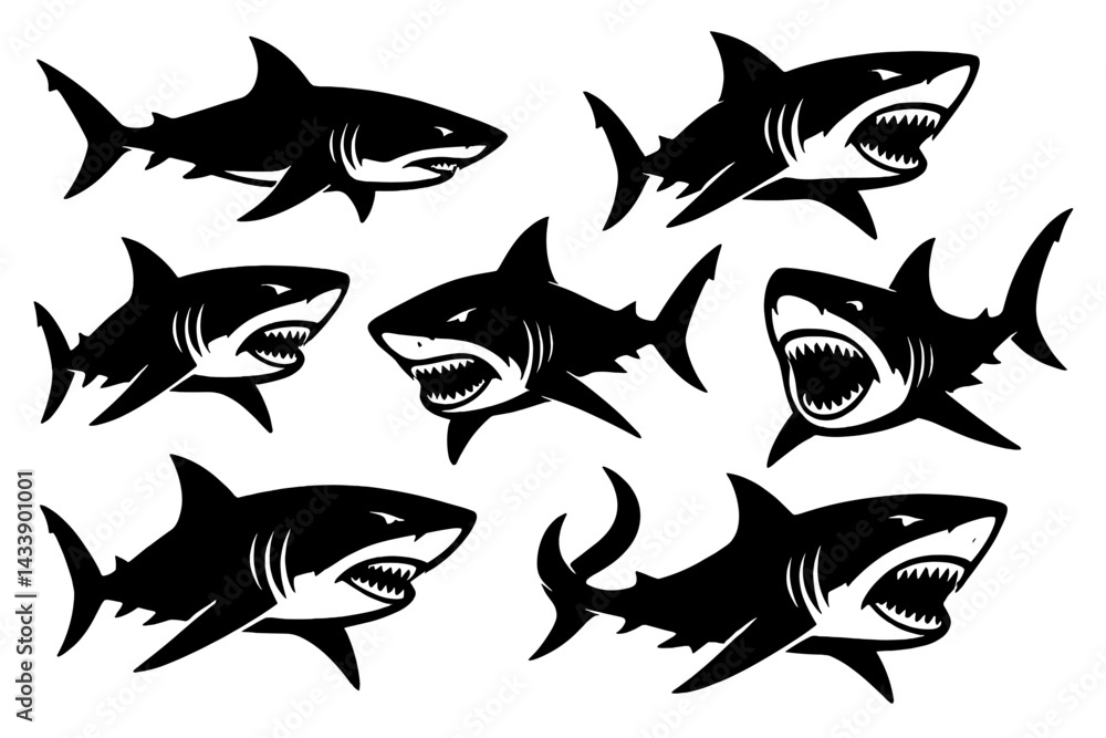 Poster different styles of shark icons suitable for various designs and ocean-themed projects