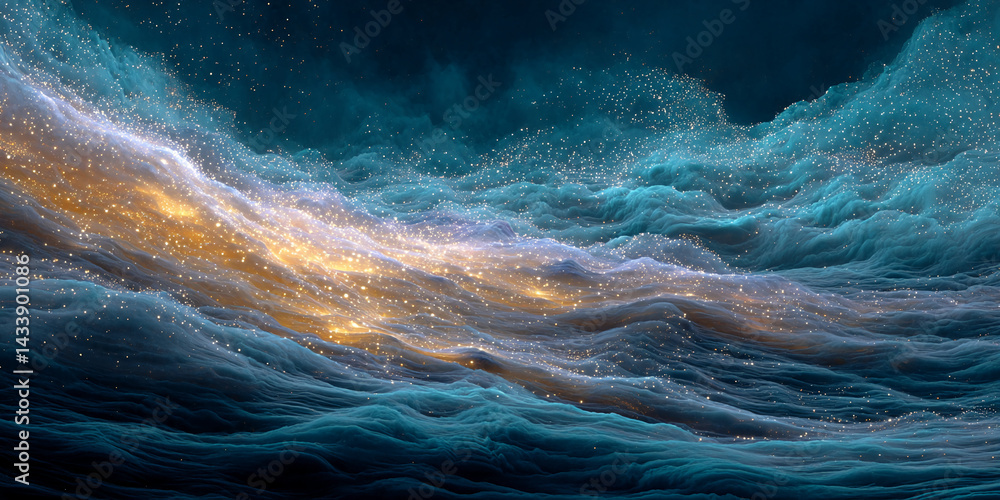 Aufkleber Abstract image of teal and gold textured waves with sparkling particles, representing a celestial or ethereal landscape, ideal for fantasy or cosmic design concepts