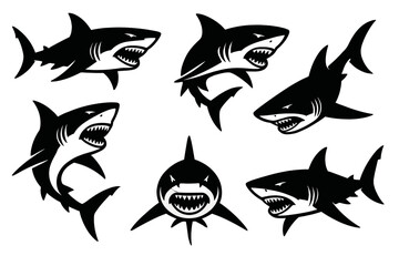 Icon set of aggressive shark designs perfect for marine-themed projects and branding