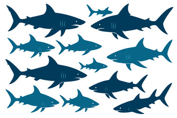 Diverse shark icon set featuring various sizes and styles in shades of blue and teal