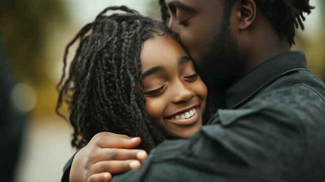 A soldier&rsquo;s daughter wraps her arms around his neck in an emotional, joyous hug as he returns home. Their smiles and laughter reflect the pure love shared in this long-awaited fami