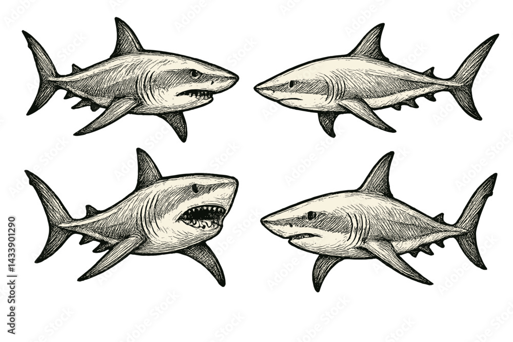 Poster set of illustrated shark icons showcasing different angles and expressions for use in various design