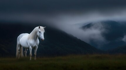 Fototapeta premium Majestic White Horse in Misty Mountains