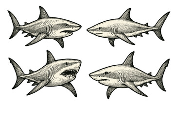 Set of illustrated shark icons showcasing different angles and expressions for use in various design projects