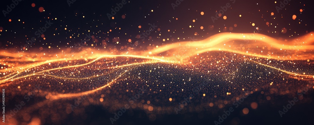 Poster glowing orange waves with sparkling particles. abstract cosmic background
