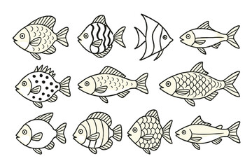 Diverse collection of fish icons showcasing various species in a minimalist design suitable for illustration