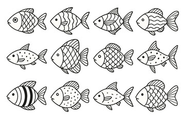 Diverse collection of hand-drawn fish icons suitable for various design projects and creative uses