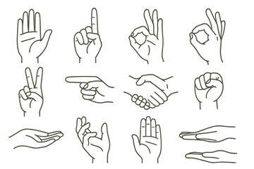 Hand gesture icon set showcasing diverse communication forms including counting, greeting, and expressing emotions
