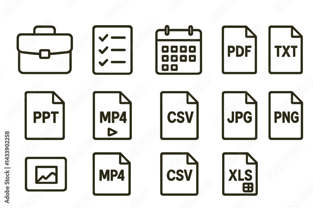 Poster icon set featuring various file types and a briefcase, useful for digital organization and communica