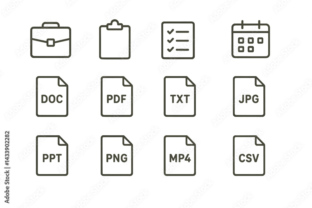 Aufkleber icon set showcasing various file types and business tools for digital organization and productivity