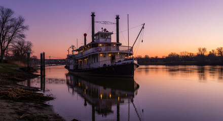 Fototapeta premium Old steamboat docked on calm river at sunset, showcasing vintage charm and scenic reflection