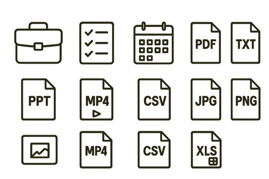 Icon set featuring various file types and a briefcase, useful for digital organization and communication tools