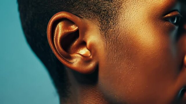 Golden light illuminates the side of a young black model's head, highlighting perfect skin and healthy ear structure against a blue background