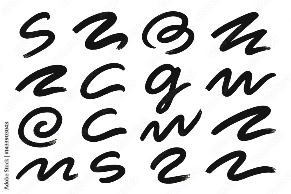 Poster diverse brush stroke icon set featuring various abstract shapes and patterns
