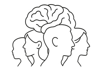 Icon set depicting human silhouettes with a detailed brain design highlighting the connection between intellect and identity