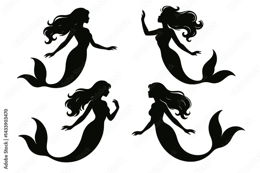 Poster creative mermaid icon set showcasing different poses and styles in a minimalist design for various a