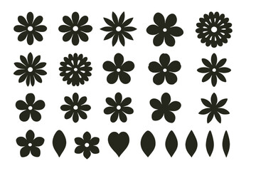 Collection of black flower icons showcasing various floral designs arranged in a grid format for creative projects