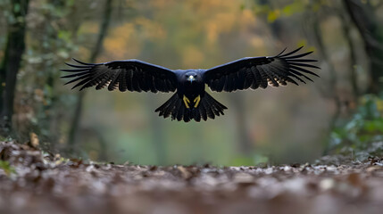 Obraz premium Golden Eagle Soaring Above Forest Floor