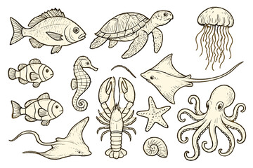 Collection of marine life icons showcasing fish, turtle, octopus, and other sea creatures in detailed illustration