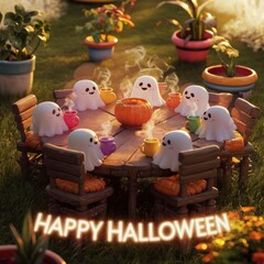 A table with a group of small Halloween themed figures and a pumpkin. The table is surrounded by chairs and potted plants. The table is set for a Halloween party