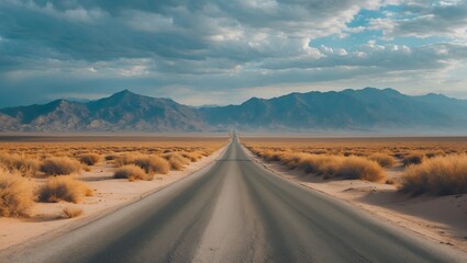 Naklejka premium Desert road leading to majestic distant mountains