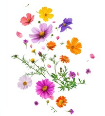 A vibrant array of colorful flowers with delicate petals scattered around them