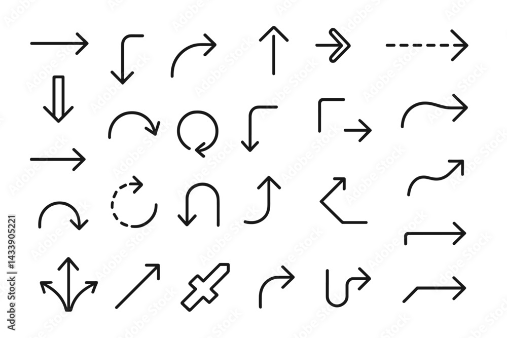 Poster collection of directional icons showcasing various arrow designs for digital and print applications