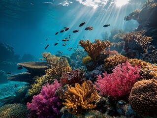 Fototapeta premium Vibrant coral reef ecosystem teeming with marine life and sunlit waters.