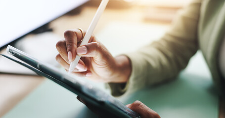 Hands, pen and businesswoman on tablet for company, finance and wealth management in office....