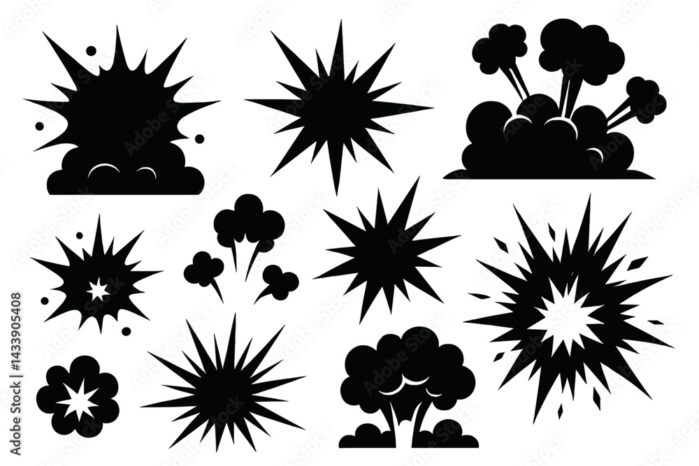 Poster collection of black explosion and burst icons featuring various shapes and sizes on a white backgrou