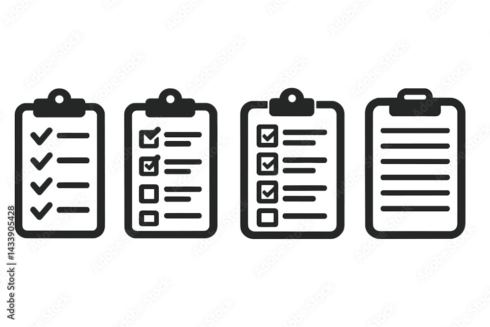 Poster icon set featuring various checklist designs for project management and organization tasks