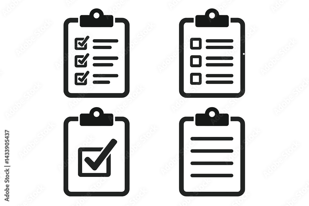 Poster icon set featuring various checklists and clipboards for organizational tasks and project management