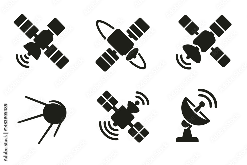 Poster collection of satellite icons representing various communication technologies and functions