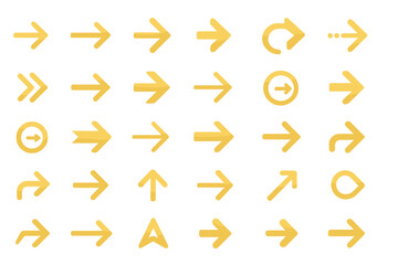 Variety of yellow directional arrow icons showcasing navigation and movement options for designs and applications