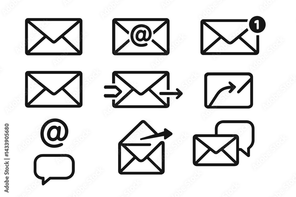 Poster collection of email communication icons including notifications and messaging symbols for digital co