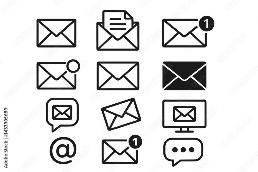 Poster collection of email-related icons depicting various communication styles and notification symbols fo