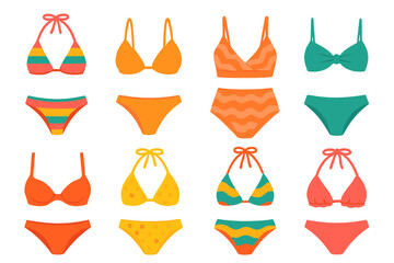 Colorful icon set of swimwear and bikinis in various styles and patterns for summer fashion design