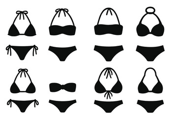 Icon set featuring various bikini styles suitable for summer fashion and beach activities