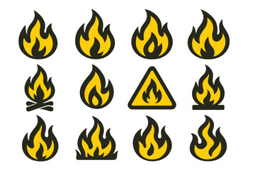 Icon set featuring various flame designs and symbols representing fire hazards and campfires in a simple, flat style