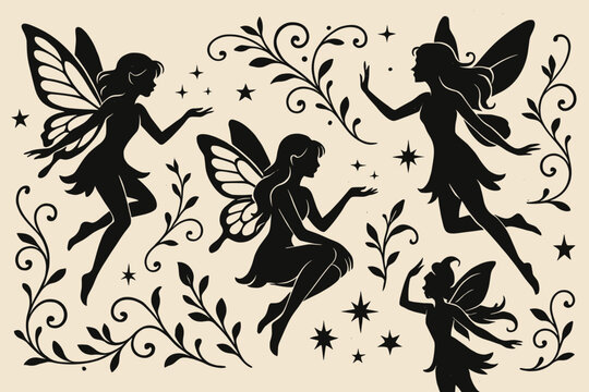 Charming collection of silhouette icons featuring fairies in graceful poses against a decorative background