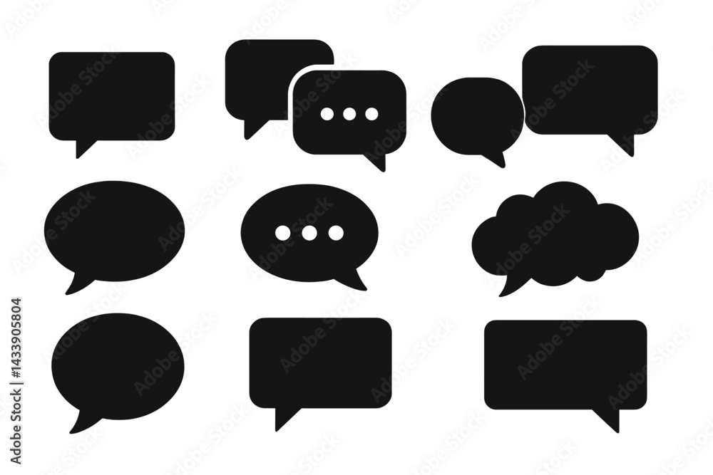 Poster collection of black chat and comment icons in various shapes and sizes for digital communication