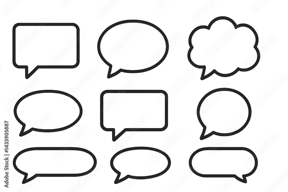 Poster icon set of various speech bubbles and thought clouds in simple line style for communication design 