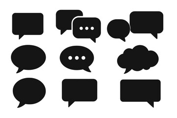 Collection of black chat and comment icons in various shapes and sizes for digital communication