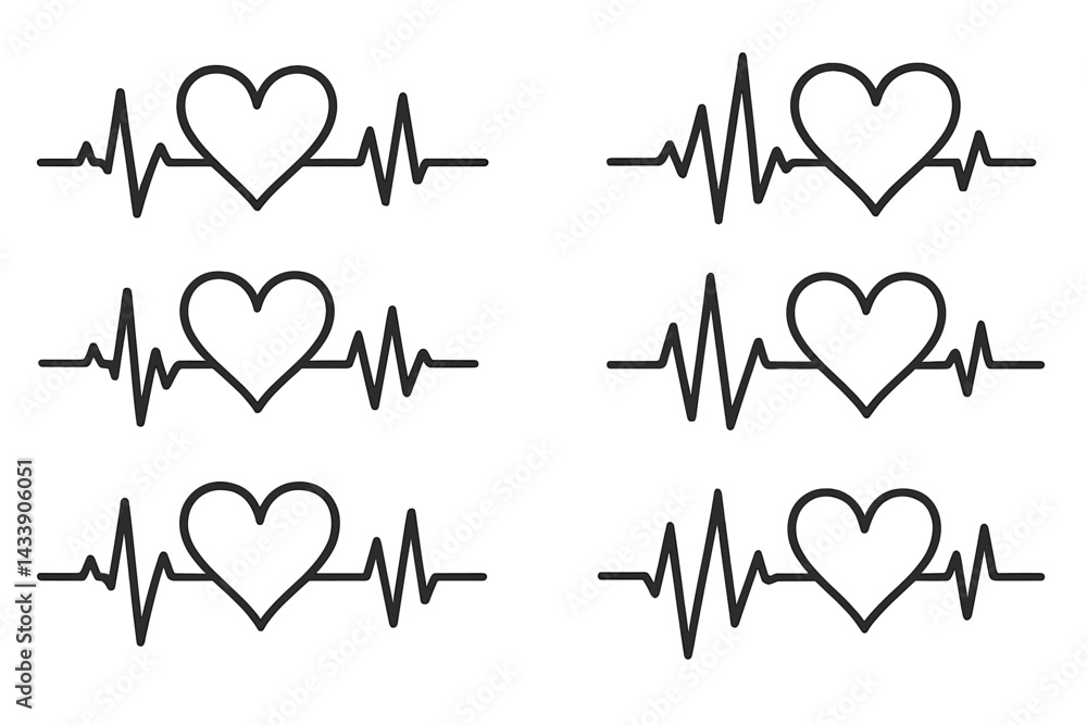 Poster heartbeat icon set with styled heart symbols and waveforms for design projects and health-related th