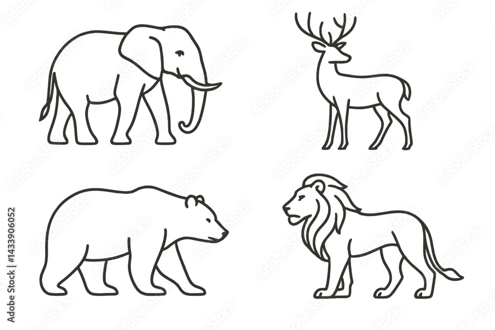Poster icon set featuring four distinct animals in a minimalistic design suitable for various creative proj