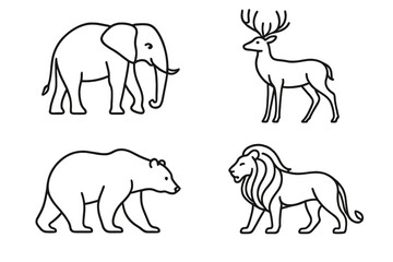 Illustrative icon set featuring four animals showcasing a bear, an elephant, a deer, and a lion in a simple line art style