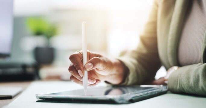 Hands, pen and businesswoman on tablet for corporate, finance and wealth management in office. Banker, e signature and financial advisor with stylus for investment app, digital technology or company