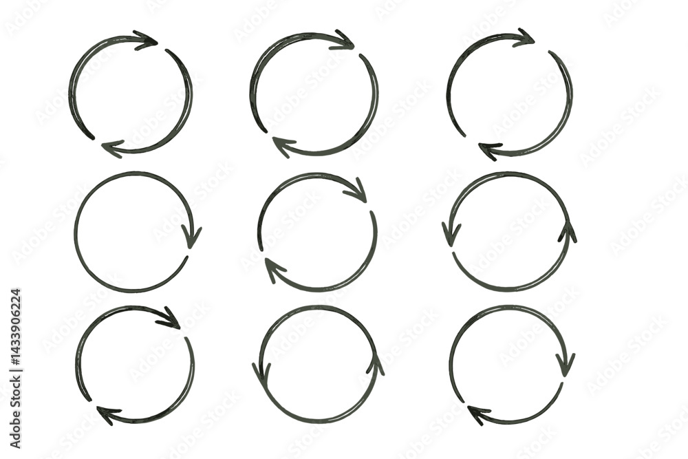 Poster circular arrow icon set for design and illustration projects showcasing various movement directions