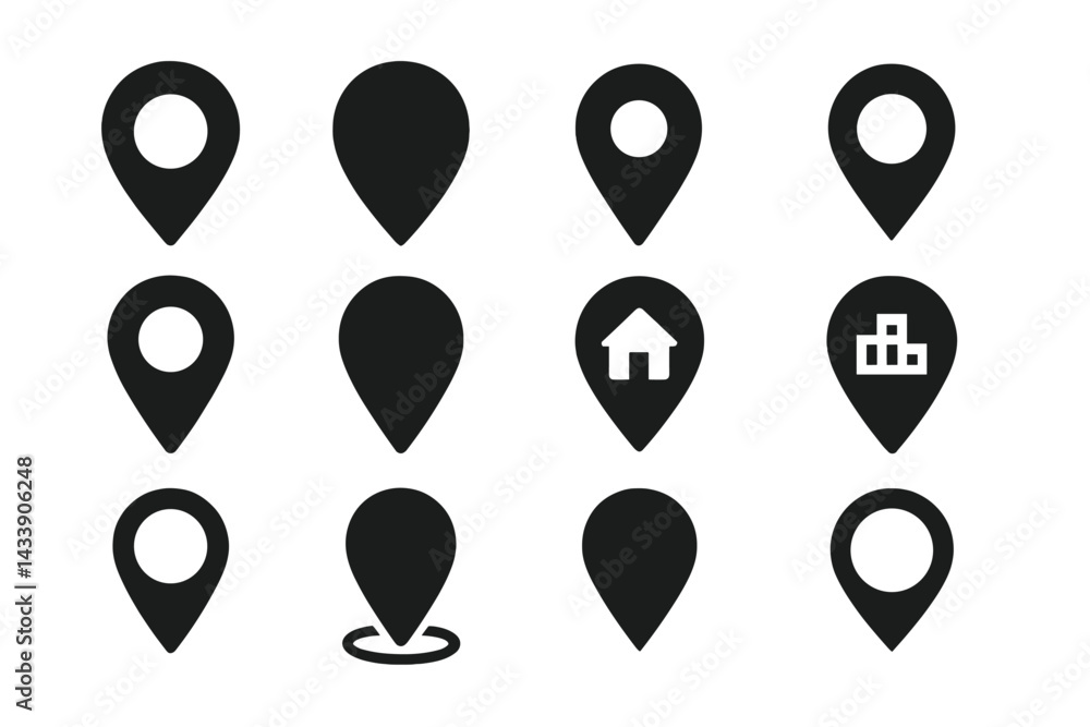 Poster collection of navigation icons featuring location markers, home symbols, and more for use in digital