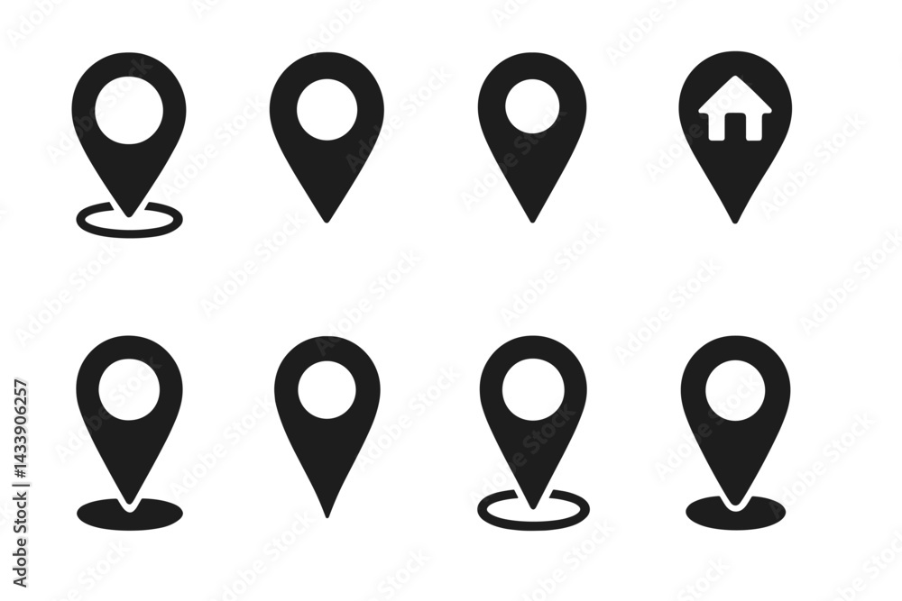 Poster icon set featuring various location markers suitable for digital mapping and navigation applications